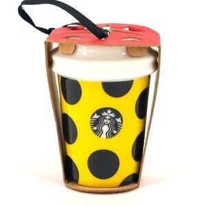 Starbucks 2015 Yellow Black Polka Dot Cup Christmas Ornament Mini Tumbler Bee